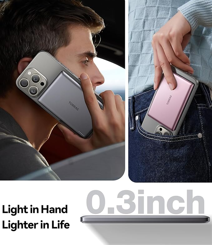 TORRAS MiniMag Power Bank, Ultra Slim 5,000mAh Wireless Portable Charger with USB-C Cable, Fast Charging iPhone Air Mag-safe Battery Pack, Compatible for iPhone 17 Pro Max/16/15/14/13/12, Glacier Gray