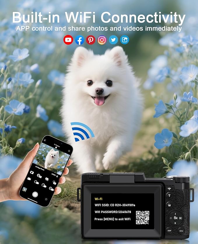 FLATIC Digital Camera with WiFi, 5K 64MP Cameras for Photography with 180° Flip Screen for YouTube, 18X Zoom Autofoucs Vlogging Camera with 64GB Card, Wide & Macro Lens, 2 Batteries, Card Reader