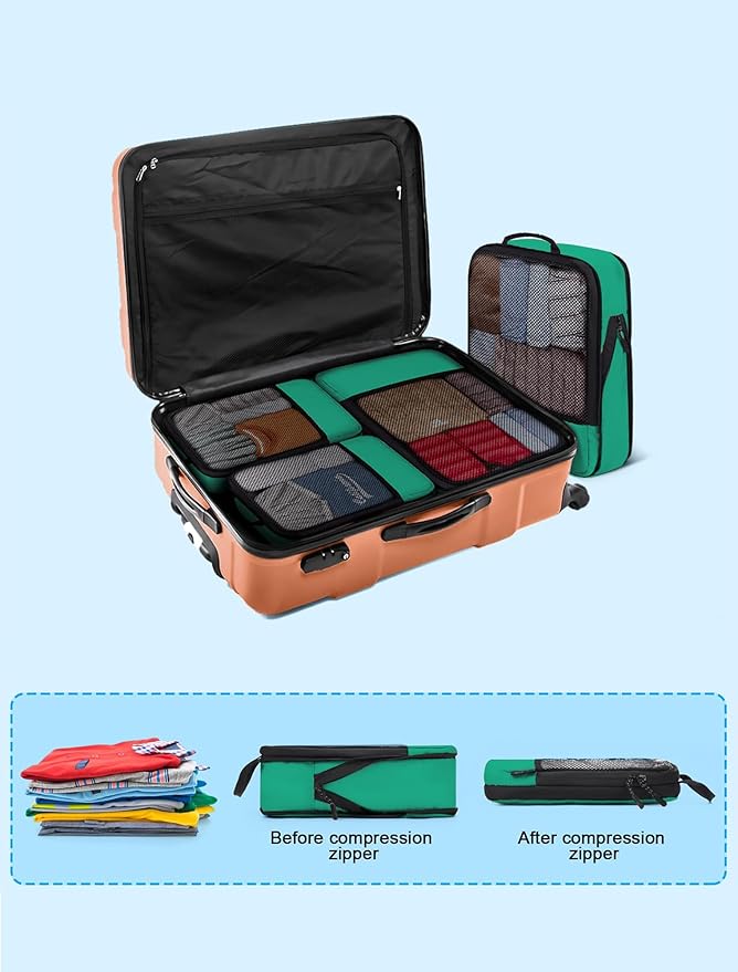 4 PCS Set Compression Packing Cubes for Travel, Lightweight Packaging Organizer Bags for Carry On Space Saving, Travel Essentials Cubes for Suitcase Backpack, Green