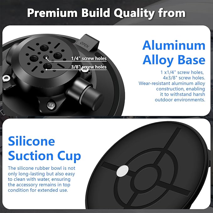 6" Camera Suction Cup Mount with Ball Head Magic Arm,Quick Release Metal Vacuum Suction Cup Mount Car Windshield Dash Mount for Action Camera/Phone Holders with 1/4",1/8" Holes(Black)