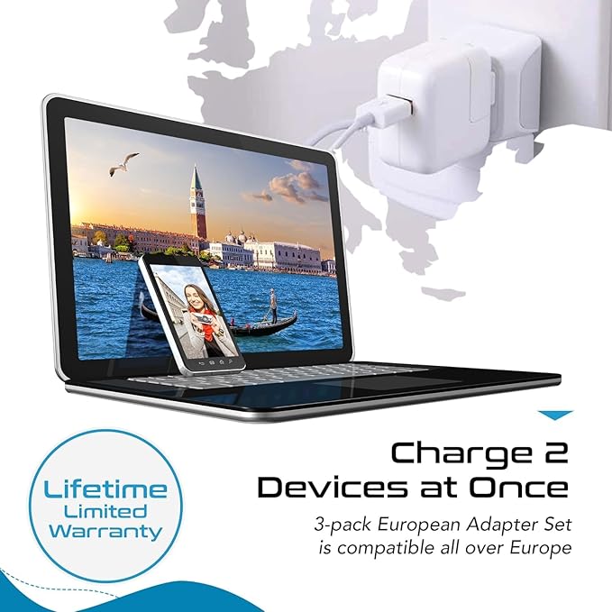 Ceptics Complete European Travel Adapter Set - 2 In 1 Usa to Europe, Germany, England, Spain, Italy, Iceland, France, (Type G, E/F, Type C) - 3 Pack, Safe Grounded Perfect for Cell Phones, Laptops
