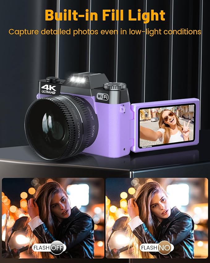 2024 Upgrade VJIANGER Digital Camera for Photography Vlogging Camera for YouTube with WiFi, 180° Flip Screen, 16X Digital Zoom, 52mm Lens, 2 Batteries, 32GB Micro SD Card(Purple)