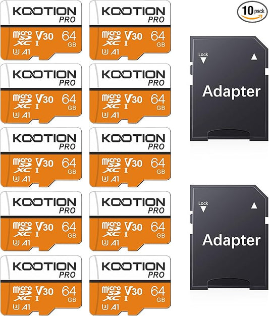 KOOTION 64GB Micro SD Card 10-Pack with Adapter, U3 TF Flash Memory Card V30, A1, 4K UHD, microSDXC Memory Card