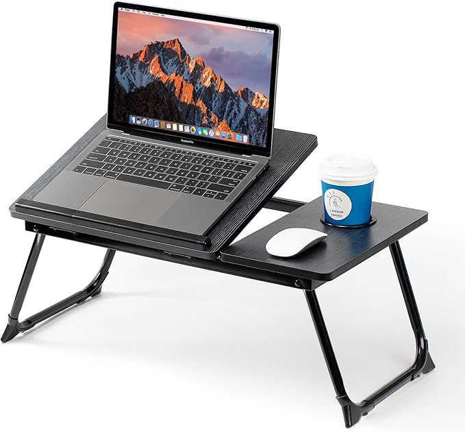 Laptop Desk for Bed Couch, Adjustable Foldable Bed Table with Cup Holder, Breakfast Serving Tray, Portable Laptop Lap Desk Stand for Working Reading Writing Eating Gaming in Bed Sofa Floor(Black)