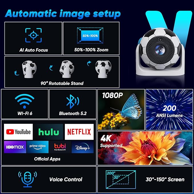 Mini Projector with WiFi and Bluetooth Auto Focus & Vertical Keystone Smart Portable Projector Android 13 with Built in Apps 1080P HD 4K Support w/ HDMI/USB Supported Home Movie Projector (Football)