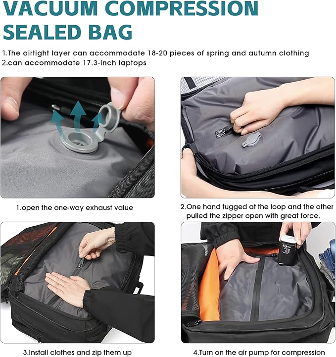 Vacuum Compression Backpack with Pump, Extra Large Capacity 45L Expandable Travel Backpack, Water Resistant 17.3" Laptop Backpack with USB Charging Port for Men & Women