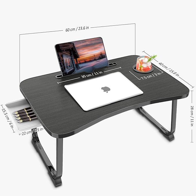 Fayquaze Portable Foldable Lap Desk with Storage Drawer and Cup Holder - Laptop Bed Stand Tray Table for Eating, Reading and Working
