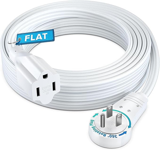 Maximm 360 Rotating Flat Plug Extension Cord - 15ft Slim Space-Saving Design, Under Carpet (White)