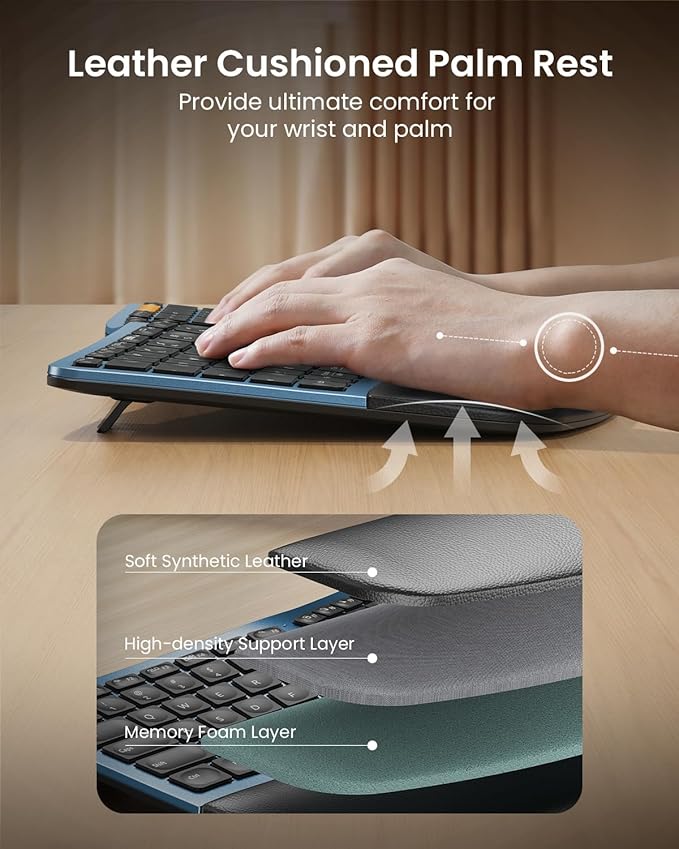 ProtoArc Backlit Bluetooth Ergonomic Keyboard, EK01 Plus Full Size Wireless Split Keyboard with Dual Bluetooth and USB, Cushioned Wrist Rest, Rechargeable, Compatible with Windows/Mac/Android, Blue