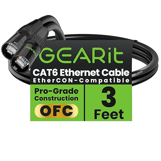 GEARit Shielded CAT6 Ethercon Cable (3 Feet) Professional Audio & Lighting RJ45 EtherCON-Compatible Cable for Studio, Stage, Concerts - 3ft Black