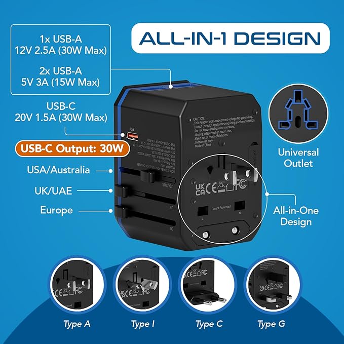 Ceptics International Power Adapter, World Travel adapter w/ PD 30W USB-C - 2 USB-A Ports Universal Adapter, Type A C G I Output for worldwide use, UP-10KU