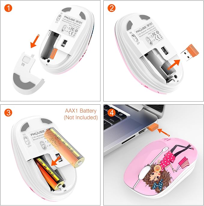 Cute Pink Wireless Mouse, Dual Mode, Bluetooth & 2.4GHz USB Receiver, Silent Clicks, AA-Battery Powered, Handy & Durable, for Kids, Girls, Students on Laptops, Mac, iPad, PC