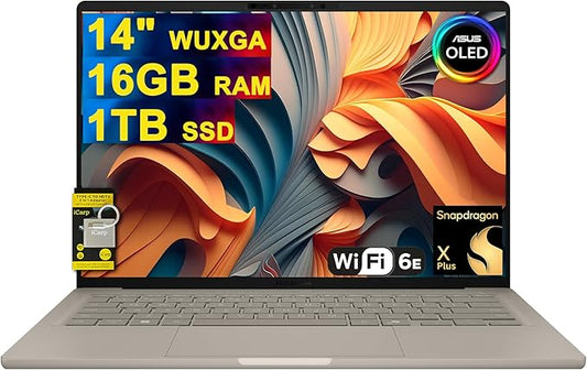ASUS Zenbook A14 Laptop 14" WUXGA OLED (100% DCI-P3, 600nits HDR) Qualcomm 8-core Snapdragon X Plus (Up to 45 Tops) 16GB RAM 1TB SSD for Creator Business Professional Win11 ICP Hub w/Copilot+ AI
