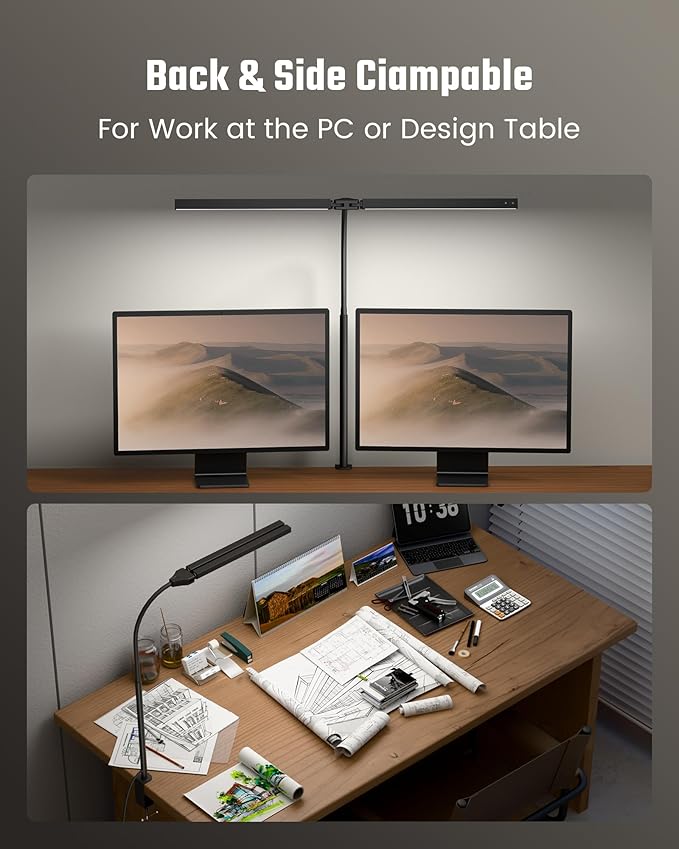 Eye-Caring Desk Lamp with Clamp, LED Desk Light Bar for Dual Monitors, Adjustable Gooseneck Table Lamp with 3 Color Modes, Smooth Dimming Office Desk Lamp for Home Office, Study, Computer Work