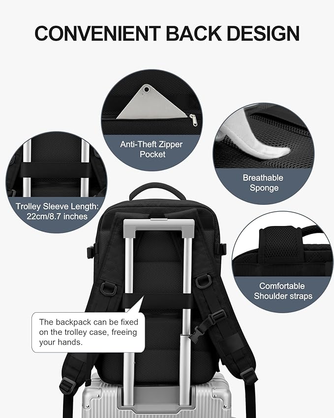 VECAVE Travel Carry on Laptop Backpack for Women Men, Flight Approved Backpack, Waterproof Sports College bag Casual Daypack for Weekender Business Hiking with Shoe Compartment black