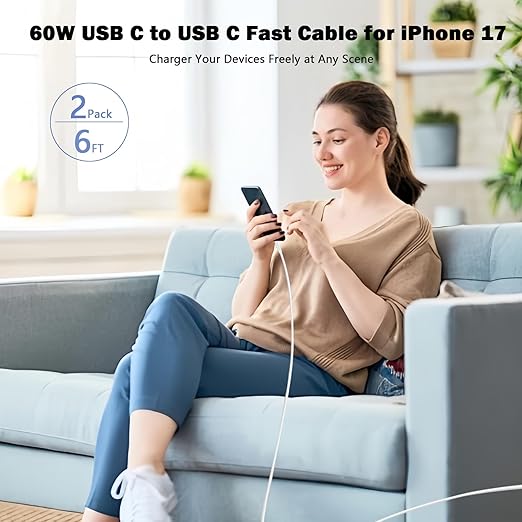 iPhone Charger Fast Charging,2 Pack 20W USB C Wall Charger with 6FT Long Type C to C Charging Cable Compatible with iPhone 17/Air/17 Pro/17 Pro Max/iPhone 16/16 Pro/16 Pro Max/15 Pro, iPad Pro/AirPods