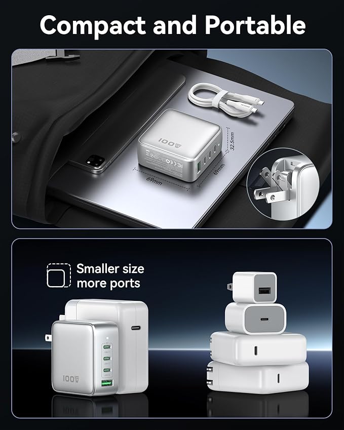 GaN USB C Charger 100W, 4 Port PD3.1 Laptop Charger Block Foldable Compact PPS Fast Power Adapter for MacBook Pro/Air, iPad Pro, iPhone 17/16 Series, Galaxy S25/S24, Pixel 10/9, Steam Deck, and More
