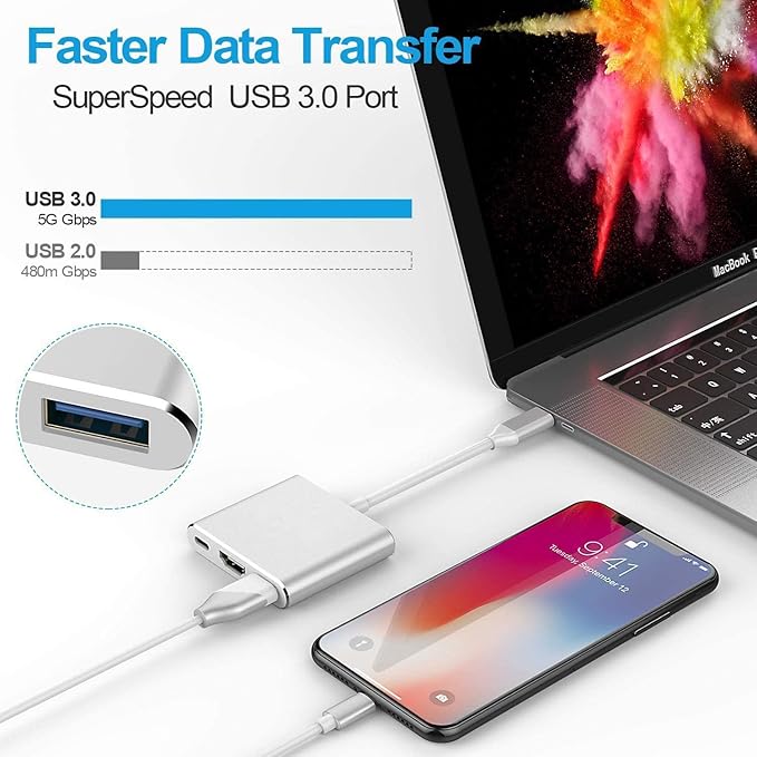 3 in 1 USB C to HDMI Adapter, Type C to 4K HDMI Adapter with 100W PD & USB 3.0 Port, Multiport Hub Compatible with MacBook Pro, iPad Air, iPhone 15/16, Laptop, TV, Switch, Monitor and More