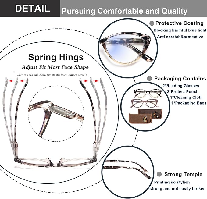 EYEURL Cat Eye Reading Glasses for Women 2 Pair Blue Light Blocking Readers 2.75 Comfort Spring Hinge Lightweight Eyeglasses Anti Glare for Ladies