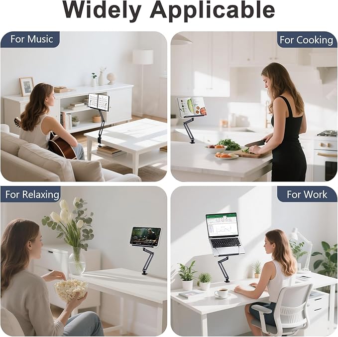 ASIEIT Book Stand with Clamp, Acrylic Desk Clamp Book Holder, 360° Cookbook Stand for Kitchen, Recipe Book Stand, Height and Angle Adjustable, Foldable and Portable for Office, Bible,Magazine,Laptops