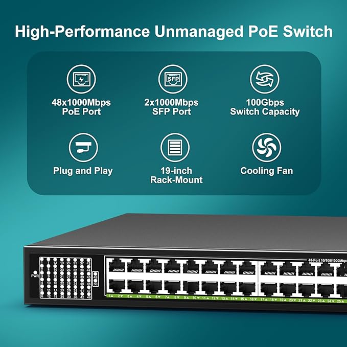 48-Port Gigabit PoE Switch Unmanaged with 2X 1000Mbps Uplink SFP Port, VIMIN 50-Port PoE Ethernet Switch Support IEEE802.3af/at, 400W Power, 100Gbps Switch Capacity，Plug and Play, Rack-Mount