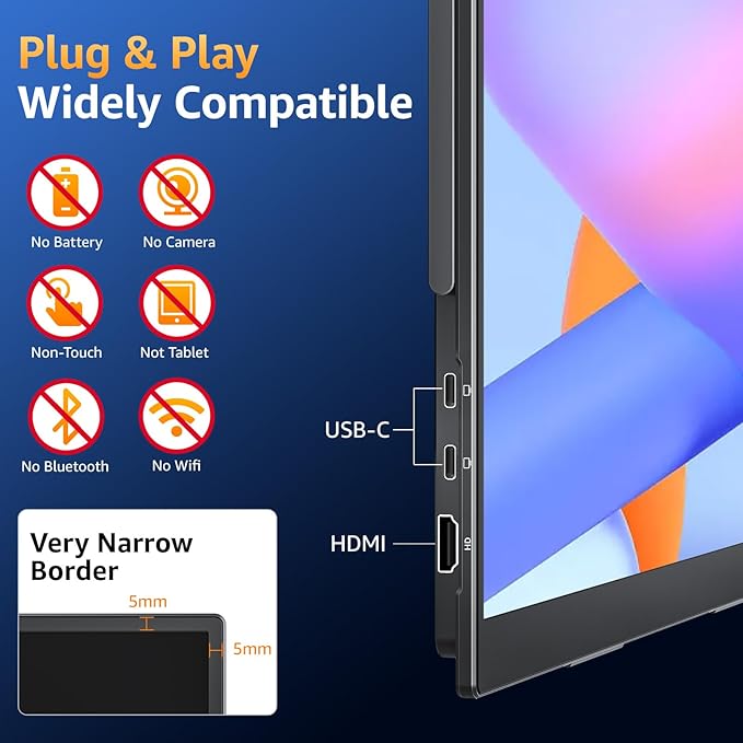 Large Portable Monitor 18.5 inch 1080P FHD 100Hz 125% sRGB HDMI USB-C Portable Computer Monitor for Laptop MacBook Xbox PS4/5, Travel External Monitor with Kickstand, VESA Compatible