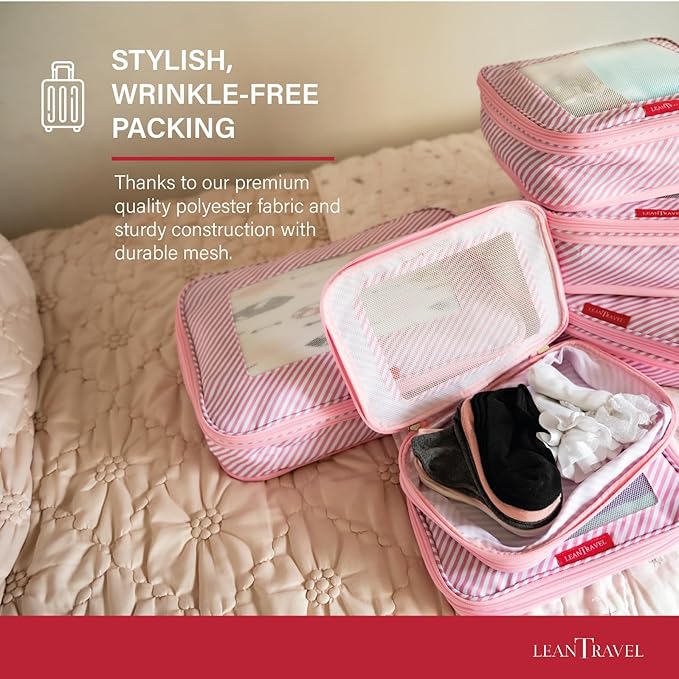 LeanTravel Compression Packing Cubes for Travel Organizers with Double Zipper (6-Pack (2L+2M+2S), Pink Stripes)