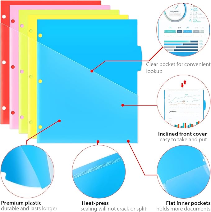 5 Tabs Plastic Dividers with 2 Clear Pockets - 2 Sets, Pocket Dividers for 3-Ring Binders, Multi-Color Binder Dividers, Total 10 Tabs