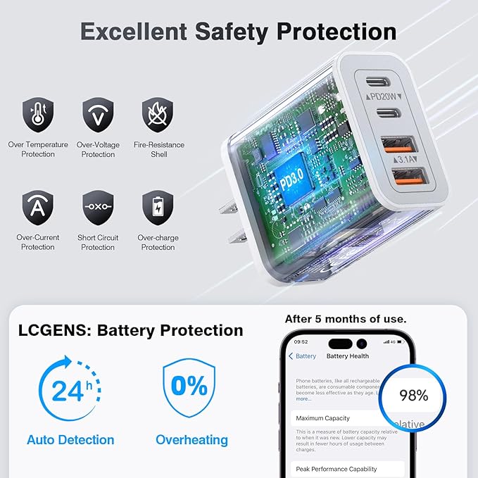 [3-Pack] USB C Wall Charger,40W Fast USB C Charger Block,4-Port PD+QC Wall Plug Power Adapter Multiport Type C Charging Block for iPhone 17/16/15/14/13/12/Pro Max,iPad,Samsung,AirPods4,Watch10,Ultra2