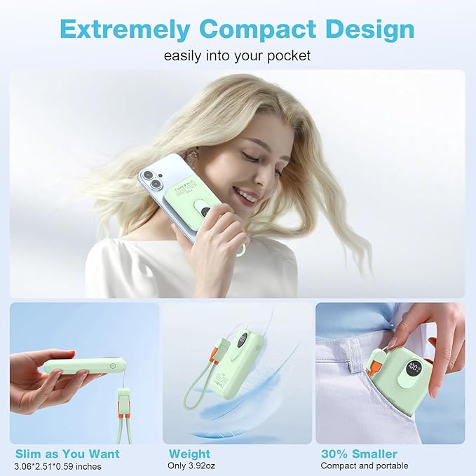 Small Magnetic Power Bank,5000mAh Mag-safe Battery Pack with 20W Fast Charging Detachable USB C&iOS cable,with LED Display,Slim Wireless Portable Charger for iPhone16/15/14/13/12 Series (Green)