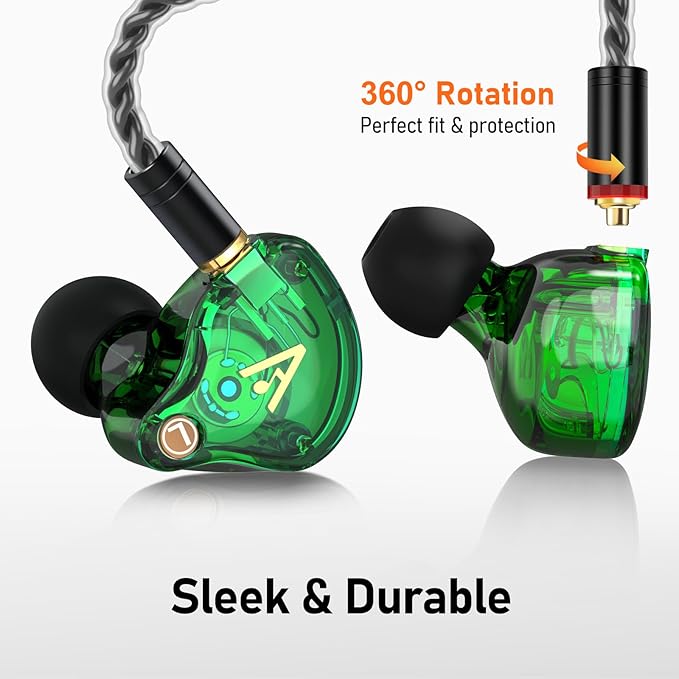 Vibes 202 Wired Earbuds, HiFi in Ear Monitor Headphones, Noise Isolating Ear Buds w/Mic, Deep Bass & Comfort-Fit Earphones, Silver Plated Cord, Carrying Case, Lightning, Green