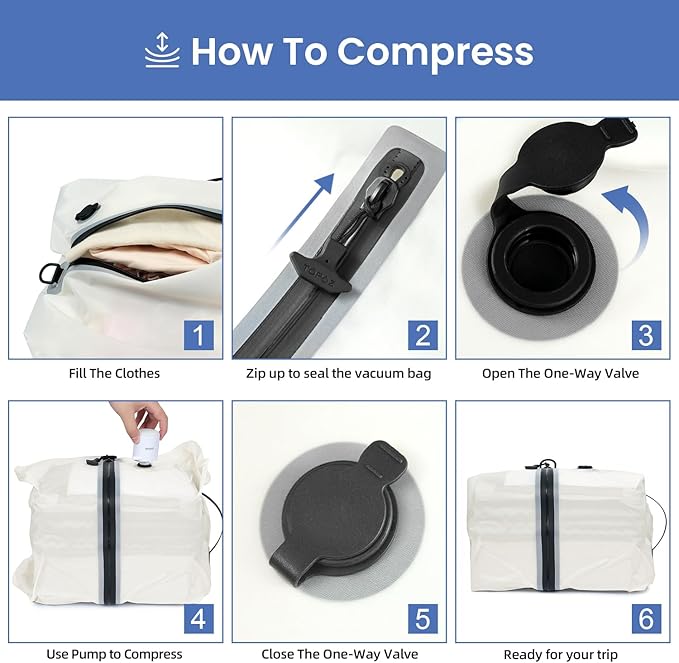 BAGAIL TPU Vacuum Bag for Travel, Reusable Compression Bag with IPX8 Waterproof Zipper, Save Space for Suitcase, Backpack and Carry on (White, Large, With Pump)