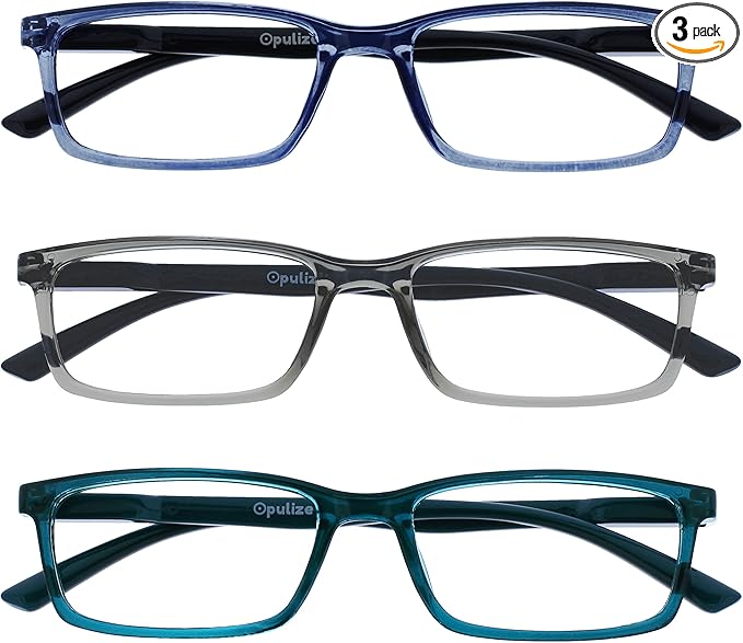 OPULIZE SEE Reading Glasses with Blue Light Blocking for Women and Men, Narrow Frame, Spring Hinges, Computer Gaming Glasses, Blue,Grey,Turquoise +0 (Pack of 3)