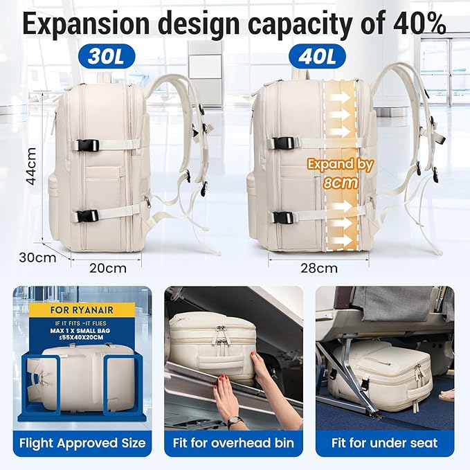 Travel Backpack Women Men, Carry On Backpack with USB Charging Port & Shoe Pouch,TSA 17.3inch Laptop Mochila Flight Approved,Nurse Bag Casual Daypack for Weekender Business Hiking,Gift (Beige)