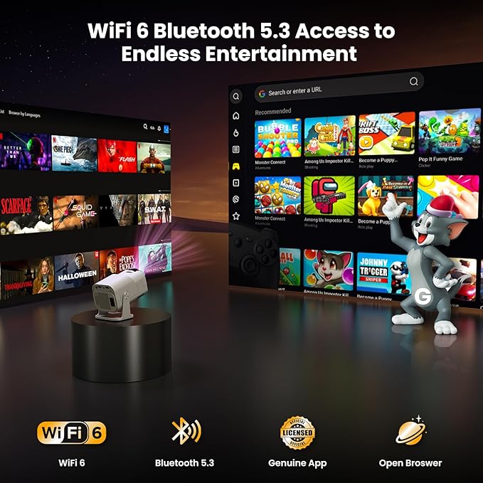 [NetfIix Official/Stereo Speakers] 4K Projector with Wifi and Bluetooth, 1080P Native Mini Projector Portable, One-Click Use Built-in NetfIix/YouTube/PrimeVideo/D+, Smart Home Outdoor Projector-White