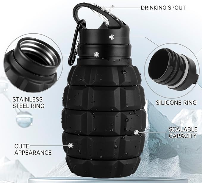 QiCheng&LYS Collapsible Water Bottle Sports Bottle 19.5OZ/580ml Travel Water Bottle for men women kids. BPA Free Food Grade Silicone. (Black)