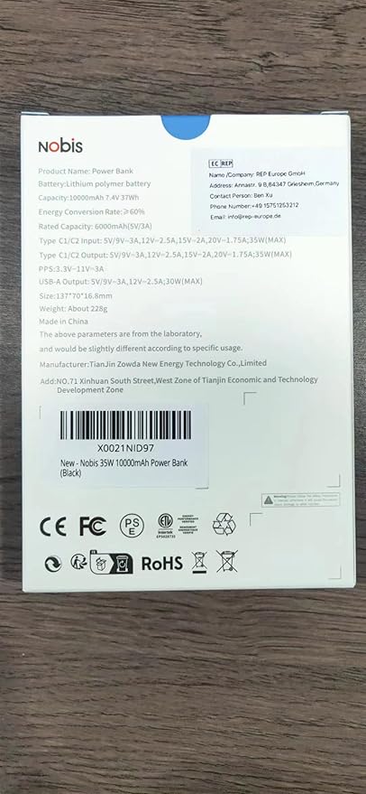 NOBIS Portable Charger, 10000mAh Power Bank Fast Charging, Battery Pack with C to C Cable, Battery Bank with Digital Display for iPhone iPad Android etc (Black, 35W)