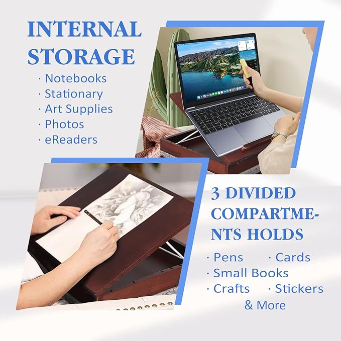 Wood Easel Lap Desk with Storage Schoolhouse Lap Desk with with Detachable Cushion Lap Tray with Cushion Laptop Table for Sofa Serving Tray Adjustable Laptop Stand for Bed for Home Office Schoolhouse