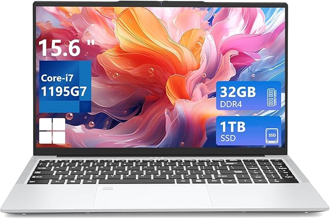 2025 Gaming Laptop i7 1195G7(Beat Core i7-1165G7/i7-1185G7), 15.6" Laptop Computer, 32GB 1TB SSD FHD 1920 * 1080 Display, Fingerprint Unlock Backlit Keyboard RJ45 HDMI 180 Angle Opening Gamer Laptops