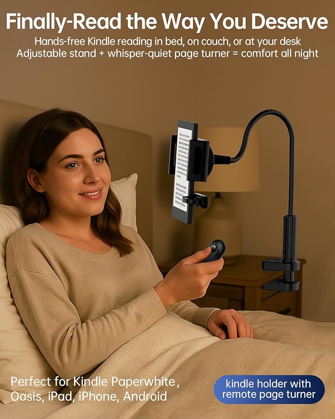 Kindle Holder with Remote Page Turner - Read in Bed Without Blocking Text or Adjusting Margins - Reduce Neck Strain - Quiet Page Turning for Kindle, iPad, iPhone