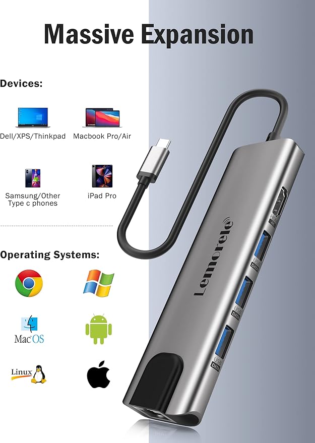 Lemorele USB C Hub Multiport Adapter 9 in 1 w/Gigabit Ethernet, 100W PD, HDMI 4K, 3 USB 2.0, 5Gbps USB C Data Port, SD/TF Card Reader, Dongle Docking Station for MacBook Lenovo HP Dell Laptops