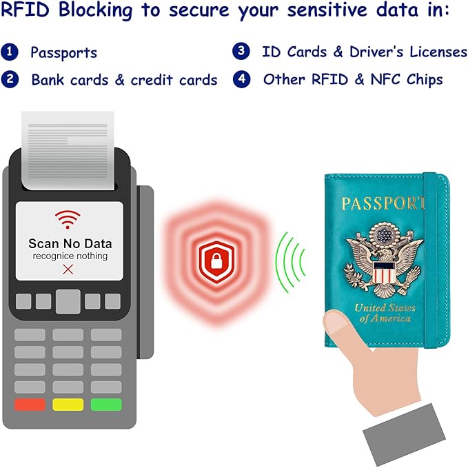 TOURSUIT RFID Blocking Passport Holder for Women Men, Leather Passport Travel Wallet with Metal 3D Metal Badge, Travel Document Holder Cover Accessories (Light Blue)