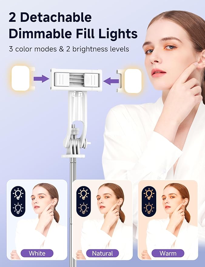 Selfie Stick Tripod with 2 Light, 3 Light Modes & 6 Brightness Levels Extendable Phone Tripod with Detachable Remote & Phone Holder, Portable Camera Tripod Compatible with iphone16 15 14 13/Android