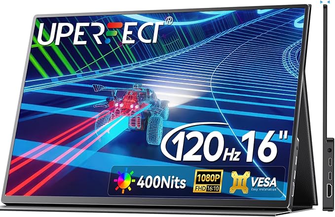 UPERFECT 16” Portable Gaming Monitor | 120HZ, HDR | 400Nits |1080P IPS | Ultra-Slim & Lightweight | Aluminum Alloy | Smart Cover & VESA | Travel External Second Screen for Laptop, PC, Game Console