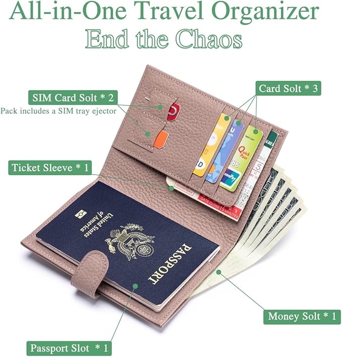 RFID Blocking Passport Holder for Travel Women – Leather Passport Holder with Card Slots, Coin Wallet & SIM Slot – Slim Genuine Leather Travel Organizer – Mauve Pink