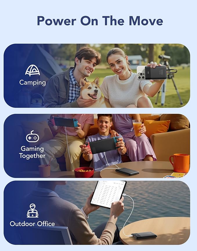 VEGER Portable Charger with Built in Cables, Slim 10000mAh PD 22.5W Fast Charging USB C Power Bank, 4 Outputs 3 Inputs Battery Pack Compatible with iPhone 16 15 14 13 Samsung iPad - Travel Essential