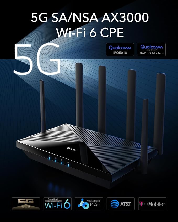 Cudy New 5G NR SA NSA AX3000 WiFi 6 CPE Router, AX3000 Dual SIM 5G Cellular Router, Qualcomm IPQ5018, SDX62, Band Lock, VPN, Zerotier, Cloudflare, P5 (Renewed)