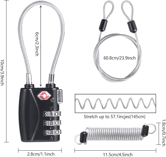 TSA Locks, Digit Combination Padlockss and Steel Cable Combination Travel Security Lock, Luggage Travel Lock Coded Lock for Baggage Travel Bag, Suit Case, Gym, Bike Locks (TSA Luggage Locks-4)