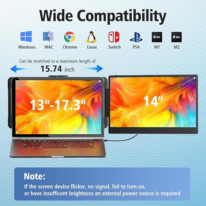 Laptop Screen Extender Monitor - 14 Inch Portable IPS FHD 1080P HDMI/USB-A/Type-C Dual Extended Monitor for Laptops (Maximum Length: 15.94") Compatible with Windows Mac Travel Gaming Work