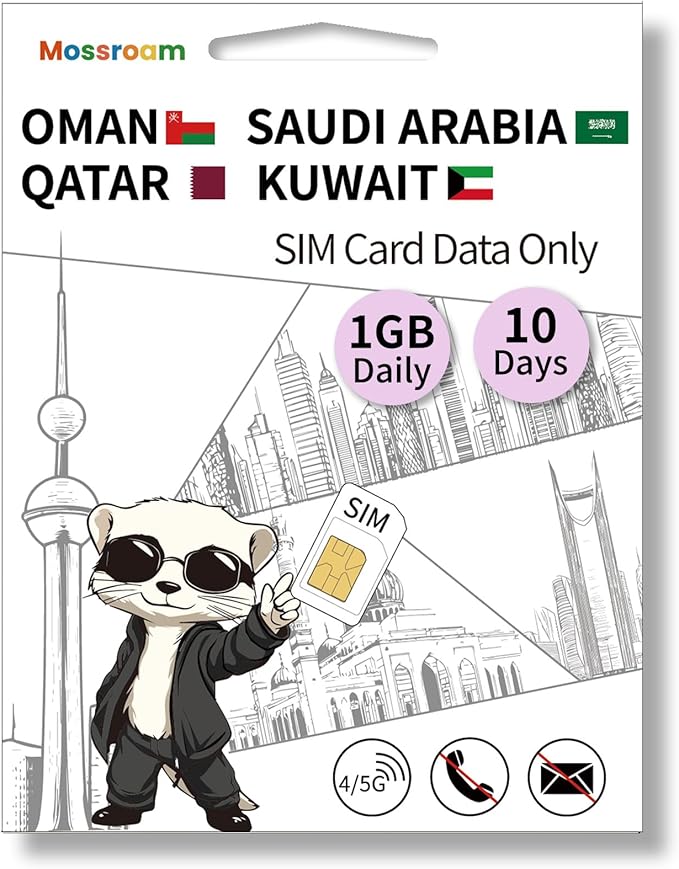 3-in-1 SIM Card for Saudi Arabia, Qatar, Oman, Kuwait – Prepaid Data Plans | Day Pass 1GB Daily Data,10 Days | Unlimited 4/5G Speed Internet
